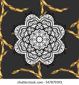Seamless vintage pattern on red background with golden and white elements. Mandala. Vector.