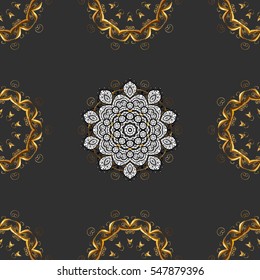 Seamless vintage pattern on red background with golden and white elements. Mandala. Vector.