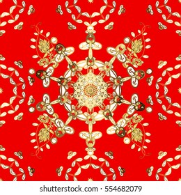 Seamless vintage pattern on red background with golden elements. Snowflake, New Year, Christmas.
