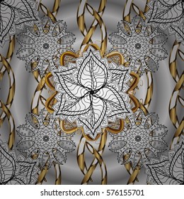 Seamless vintage pattern on red background with golden elements. Radial gradient shape.