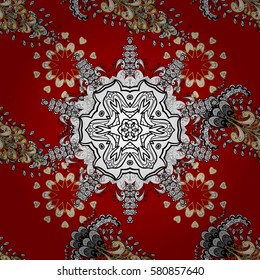 Seamless vintage pattern on red background with golden elements and with white doodles. Christmas, snowflake, new year.