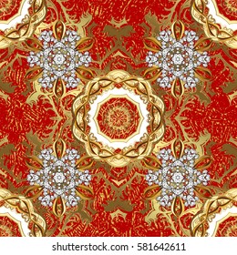 Seamless vintage pattern on red background with golden elements and with white doodles. Christmas, snowflake, new year.