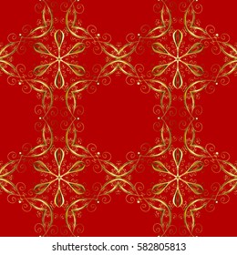 Seamless vintage pattern on red background with golden elements. Christmas, snowflake, new year. Golden pattern on red background with golden elements.