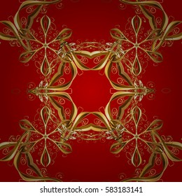  Seamless vintage pattern on red background with golden elements. Christmas, snowflake, new year.