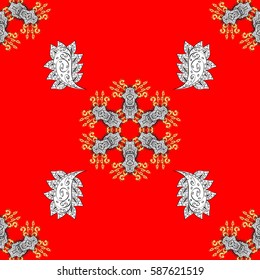 Seamless vintage pattern on red background with white elements. Christmas, snowflake, new year 2018.