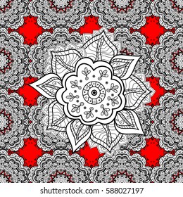 Seamless vintage pattern on red background with whiteen elements. Christmas, snowflake, new year. Golden seamless pattern on red background with white elements.