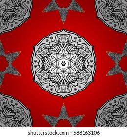 Seamless vintage pattern on red background with whiteen elements. Christmas, snowflake, new year. Golden seamless pattern on red background with white elements.