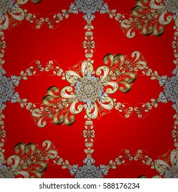 Seamless vintage pattern on red background with golden elements and with white doodles. Christmas, snowflake, new year.