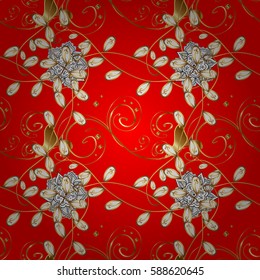 Seamless vintage pattern on red background with golden elements. Christmas, snowflake, new year. Golden pattern on red background with golden elements.