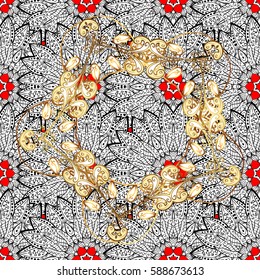 Seamless vintage pattern on red background with golden elements and with white doodles. Christmas, snowflake, new year.