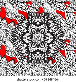 Seamless vintage pattern on red background with white elements. Christmas, snowflake, new year 2018.