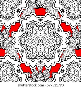 Seamless vintage pattern on red background with white elements. Christmas, snowflake, new year 2018.