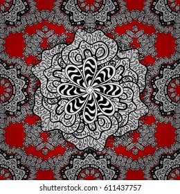 Seamless vintage pattern on red background with white elements. Christmas, snowflake, new year 2018.
