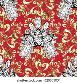 Seamless vintage pattern on red background with golden elements and with white doodles. Christmas, snowflake, new year.