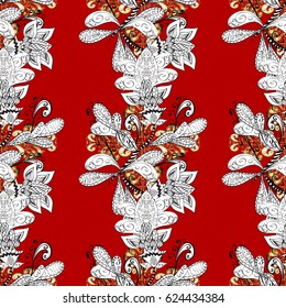 Seamless vintage pattern on red background with golden elements and with white doodles. Christmas, snowflake, new year.