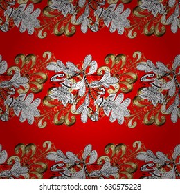 Seamless vintage pattern on red background with golden elements. Christmas, snowflake, new year. Golden pattern on red background with golden elements.