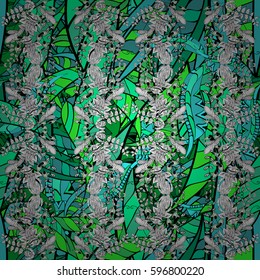 Seamless vintage pattern on stripes background with green elements. Christmas, snowflake, new year. Green pattern on stripes background with green elements.