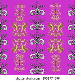 Patrón vintage sin inconvenientes en colores violeta, negro y blanco con elementos dorados. Patrón dorado sin fisuras en colores violeta, negro y blanco con elementos dorados. Navidad, copo de nieve, año nuevo.