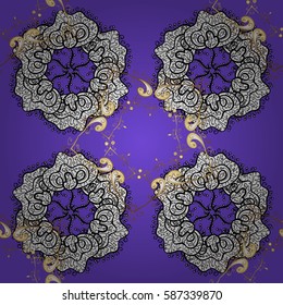 Seamless vintage pattern on violet background with golden elements and with white doodles. Christmas, snowflake, new year.