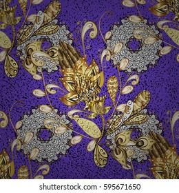 Seamless vintage pattern on violet background with golden elements and with white doodles. Christmas, snowflake, new year.