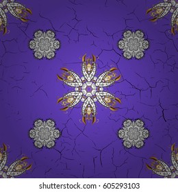 Seamless vintage pattern on violet background with golden elements and with white doodles. Christmas, snowflake, new year.