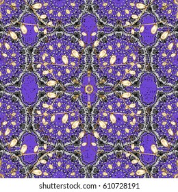 Seamless vintage pattern on violet background with golden elements and with white doodles. 