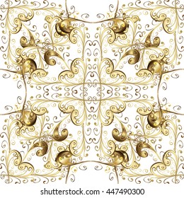 Seamless vintage pattern on whit background with golden elements and shadows.