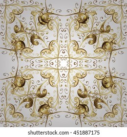 Seamless vintage pattern on whit background with golden elements and shadows.