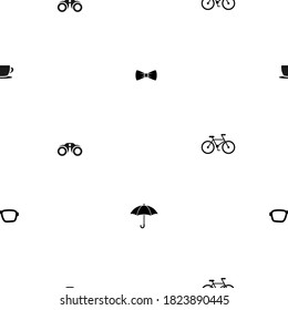 Patrón vintage sin foco sobre fondo blanco. Siluetas de bicicletas, tubos de tabaco, paraguas, arcos y sombrero de bolos. Ornamento vintage.  Ilustración plana vectorial.