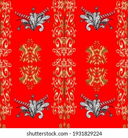 Seamless vintage pattern on white, beige and red colors with golden elements. Christmas, snowflake, new year 2019.