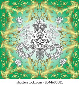 Seamless vintage pattern on white, green and neutral colors with golden elements. Christmas, snowflake, new year. Golden seamless pattern on white, green and neutral colors with golden elements.