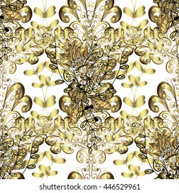 Seamless vintage pattern on white background with golden elements.
