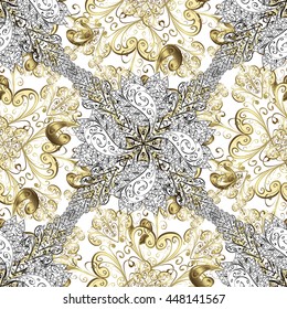 Seamless vintage pattern on white background with golden elements.