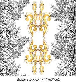 Seamless vintage pattern on white background with golden elements.