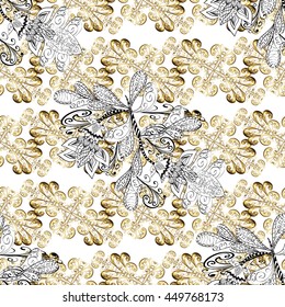 Seamless vintage pattern on white background with golden elements.