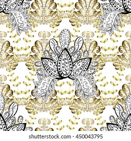 Seamless vintage pattern on white background with golden elements.
