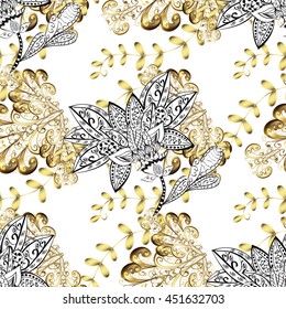 Seamless vintage pattern on white background with golden elements.