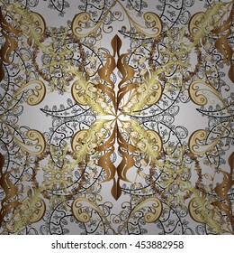 Seamless vintage pattern on white background with golden elements.