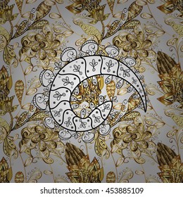 Seamless vintage pattern on white background with golden elements.