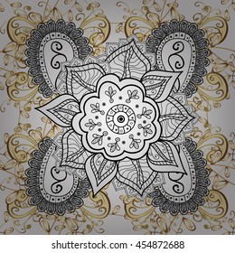 Seamless vintage pattern on white background with golden elements.
