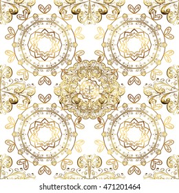 Seamless vintage pattern on white background with golden elements.