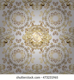 Seamless vintage pattern on white background with golden elements.