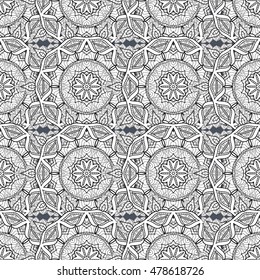 Seamless vintage pattern on white doodles background with white elements.