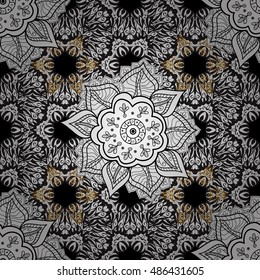 Seamless vintage pattern on white doodles background with golden and white elements.