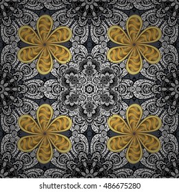 Seamless vintage pattern on white doodles background with golden and white elements.