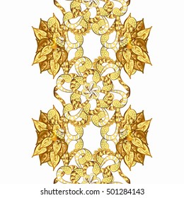 Seamless vintage pattern on white background with golden elements.