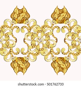 Seamless vintage pattern on white background with golden elements.