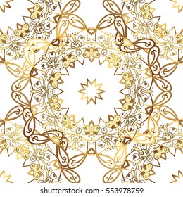 Seamless vintage pattern on white background with golden elements.Snowflakes, New Year, Christmas. Vector.