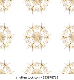 Seamless vintage pattern on white background with golden elements.Snowflakes, New Year, Christmas. Vector.