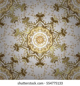Seamless vintage pattern on white background with golden elements.